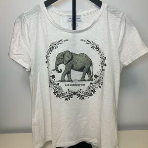 Liz Claiborne White Tee with Elephant Graphic